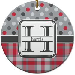 Red & Gray Dots and Plaid Round Ceramic Ornament w/ Name and Initial