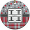 Red & Gray Dots and Plaid Ceramic Flat Ornament - Circle (Front)