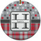 Red & Gray Dots and Plaid Round Ceramic Ornament w/ Name and Initial