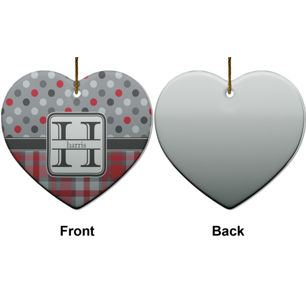 Red & Gray Dots and Plaid Ceramic Flat Ornament - Heart Front & Back (APPROVAL)