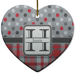 Red & Gray Dots and Plaid Heart Ceramic Ornament w/ Name and Initial