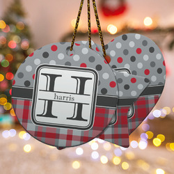 Red & Gray Dots and Plaid Ceramic Ornament w/ Name and Initial
