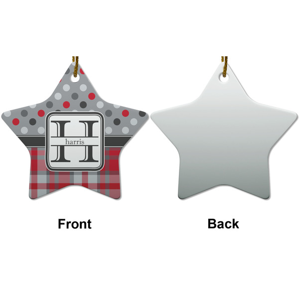 Red & Gray Dots and Plaid Ceramic Flat Ornament - Star Front & Back (APPROVAL)