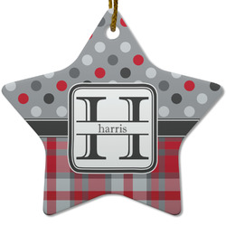 Red & Gray Dots and Plaid Star Ceramic Ornament w/ Name and Initial