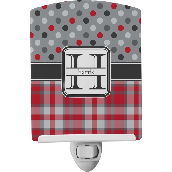 Custom Red & Gray Dots and Plaid Ceramic Night Light (Personalized)