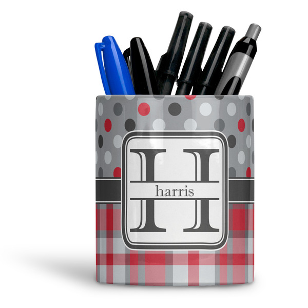 Custom Red & Gray Dots and Plaid Ceramic Pen Holder