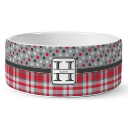 Red & Gray Dots and Plaid Ceramic Dog Bowl (Personalized)