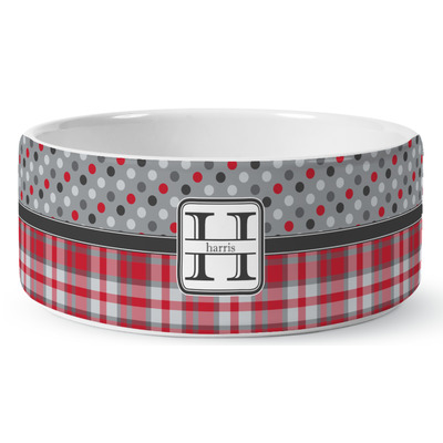 Red & Gray Dots and Plaid Ceramic Dog Bowl - Large (Personalized)