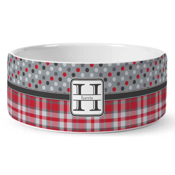 Custom Red & Gray Dots and Plaid Ceramic Dog Bowl (Personalized)