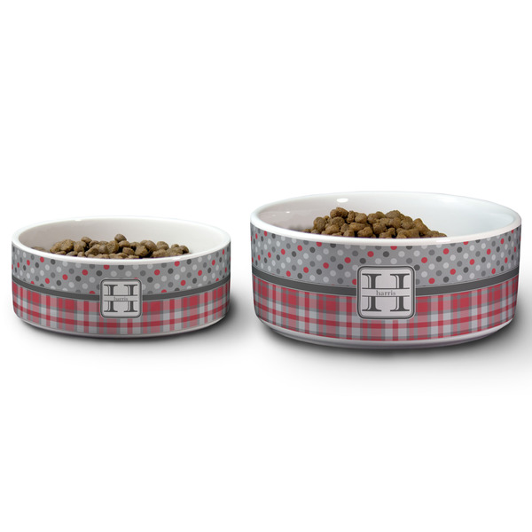 Red & Gray Dots and Plaid Ceramic Dog Bowls - Size Comparison