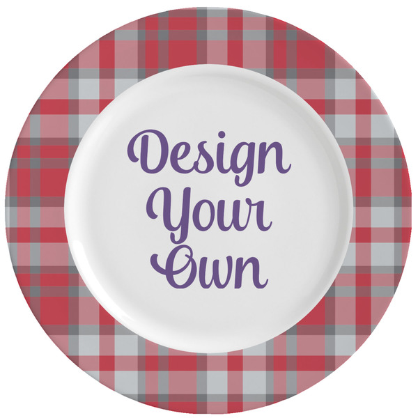 Custom Red & Gray Dots and Plaid Ceramic Dinner Plates (Set of 4) (Personalized)