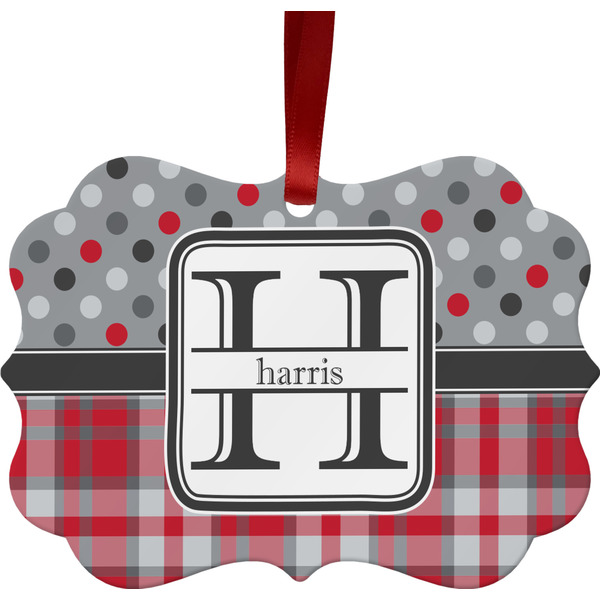 Custom Red & Gray Dots and Plaid Metal Frame Ornament - Double Sided w/ Name and Initial