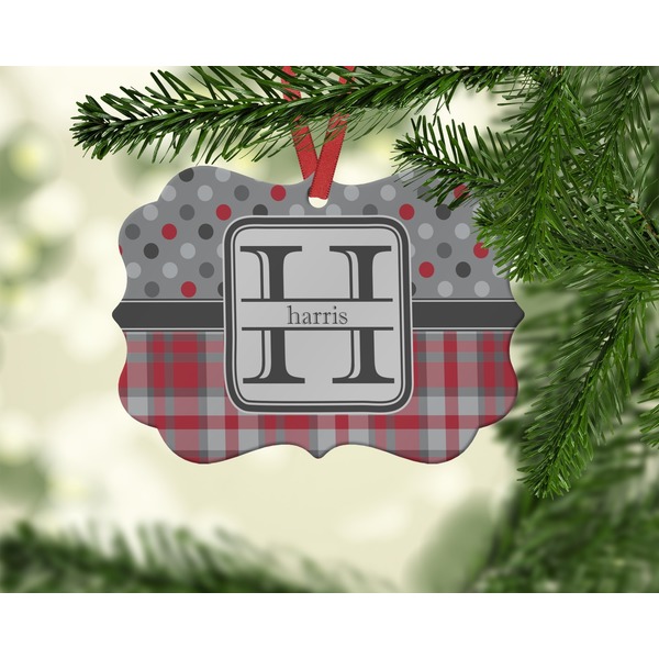 Red & Gray Dots and Plaid Christmas Ornament (On Tree)