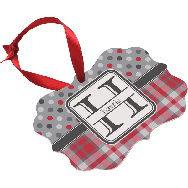 Red & Gray Dots and Plaid Christmas Ornament