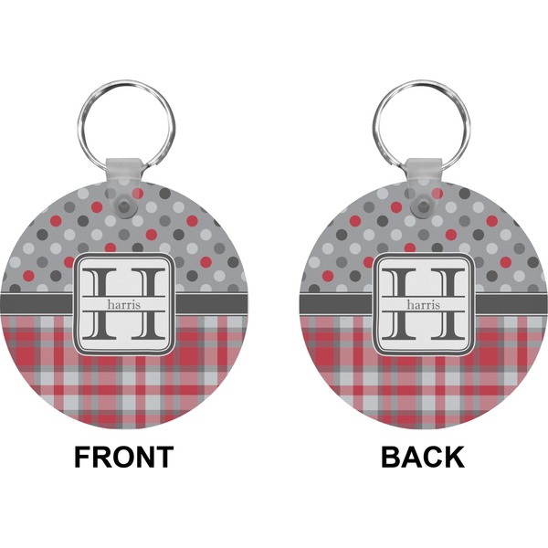 Red & Gray Dots and Plaid Circle Keychain (Front + Back)