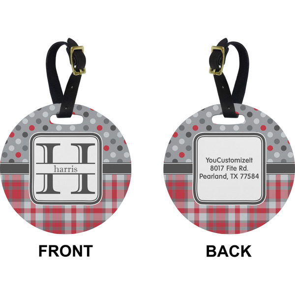 Red & Gray Dots and Plaid Circle Luggage Tag (Front + Back)