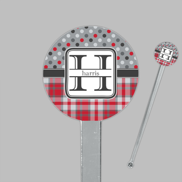 Red & Gray Dots and Plaid Clear Plastic 7" Stir Stick - Round - Closeup