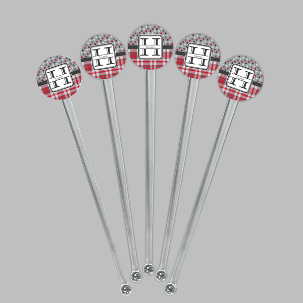 Red & Gray Dots and Plaid Clear Plastic 7" Stir Stick - Round - Fan View