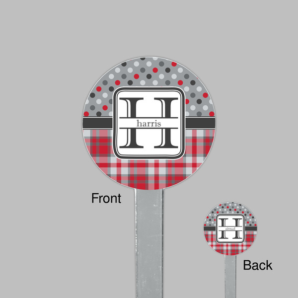 Red & Gray Dots and Plaid Clear Plastic 7" Stir Stick - Round - Front & Back