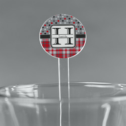 Red & Gray Dots and Plaid 7" Round Plastic Stir Sticks - Clear (Personalized)
