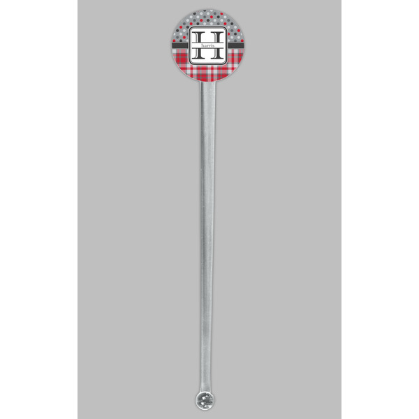Red & Gray Dots and Plaid Clear Plastic 7" Stir Stick - Round - Single Stick