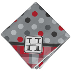 Red & Gray Dots and Plaid Cloth Dinner Napkin - Single w/ Name and Initial