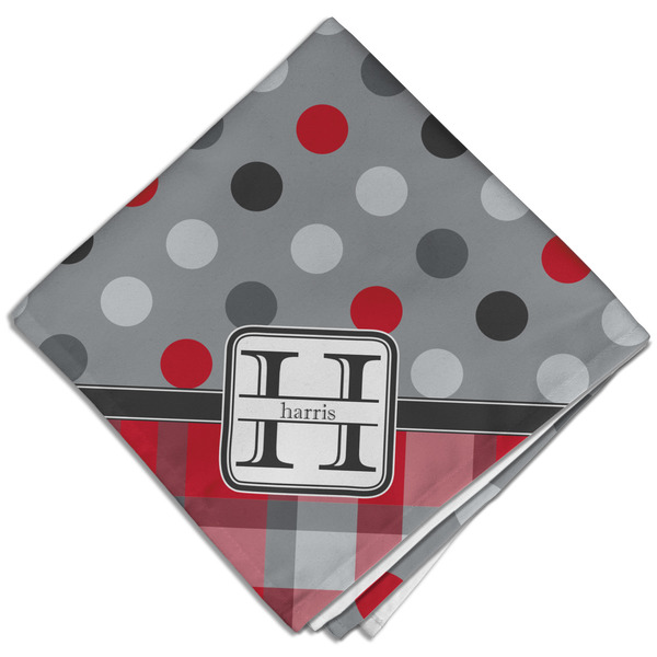 Custom Red & Gray Dots and Plaid Cloth Dinner Napkin - Single w/ Name and Initial