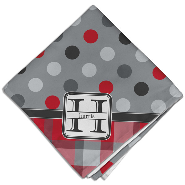 Red & Gray Dots and Plaid Cloth Napkins - Personalized Dinner (Folded Four Corners)