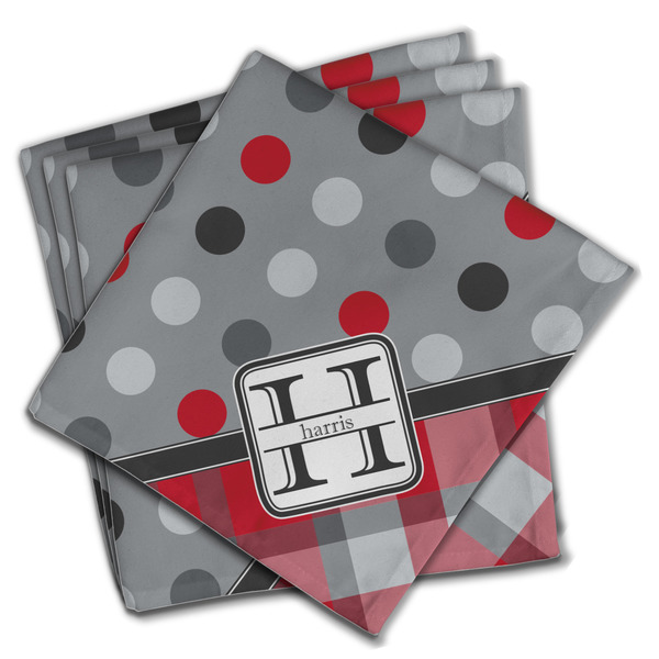 Custom Red & Gray Dots and Plaid Cloth Napkins (Set of 4) (Personalized)