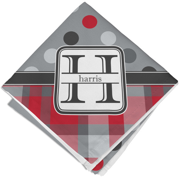 Custom Red & Gray Dots and Plaid Cloth Napkin w/ Name and Initial