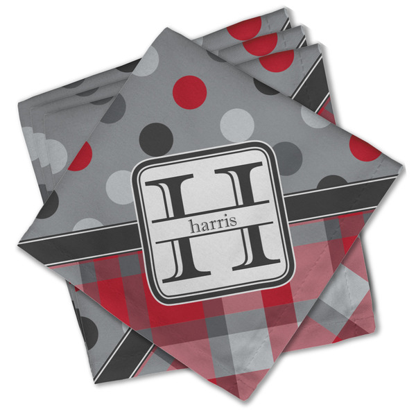 Custom Red & Gray Dots and Plaid Cloth Cocktail Napkins - Set of 4 w/ Name and Initial