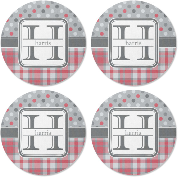 Red & Gray Dots and Plaid Coaster Round Rubber Back - Apvl