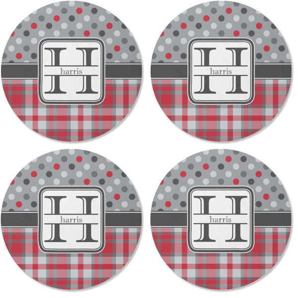 Red & Gray Dots and Plaid Coaster Round Rubber Back - Apvl