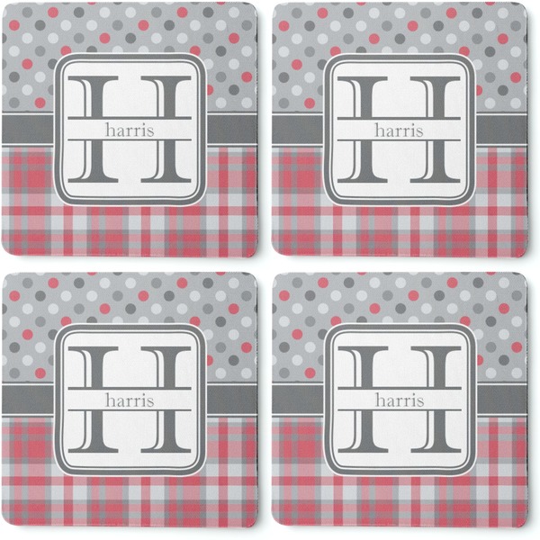 Red & Gray Dots and Plaid Coaster Rubber Back - Apvl