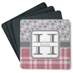 Red & Gray Dots and Plaid Square Rubber Backed Coasters - Set of 4 (Personalized)