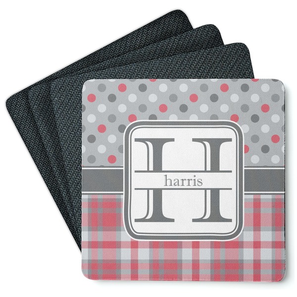 Custom Red & Gray Dots and Plaid Square Rubber Backed Coasters - Set of 4 (Personalized)