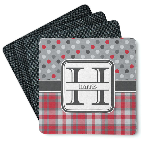 Red & Gray Dots and Plaid Coaster Rubber Back - Main
