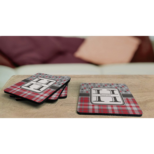 Red & Gray Dots and Plaid Coaster Rubber Back - On Coffee Table