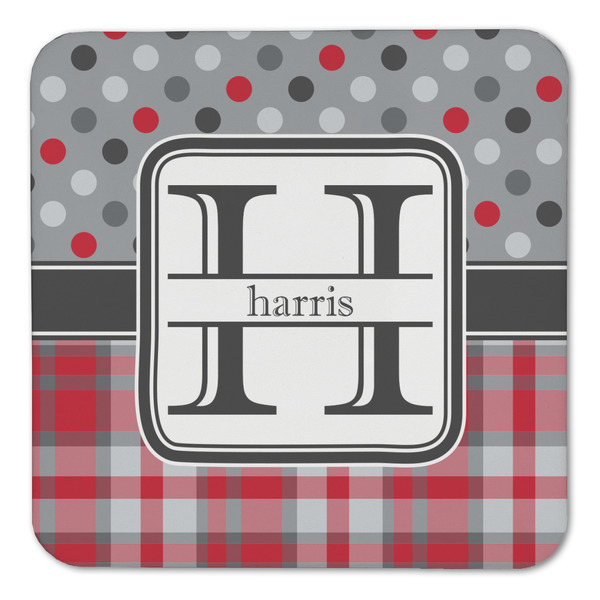 Red & Gray Dots and Plaid Coaster Set - FRONT (one)