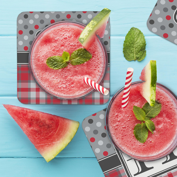 Red & Gray Dots and Plaid Coaster Set - LIFESTYLE