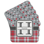 Red & Gray Dots and Plaid Cork Coaster - Set of 4 w/ Name and Initial
