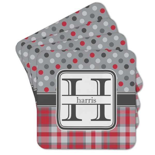 Custom Red & Gray Dots and Plaid Cork Coaster - Set of 4 w/ Name and Initial