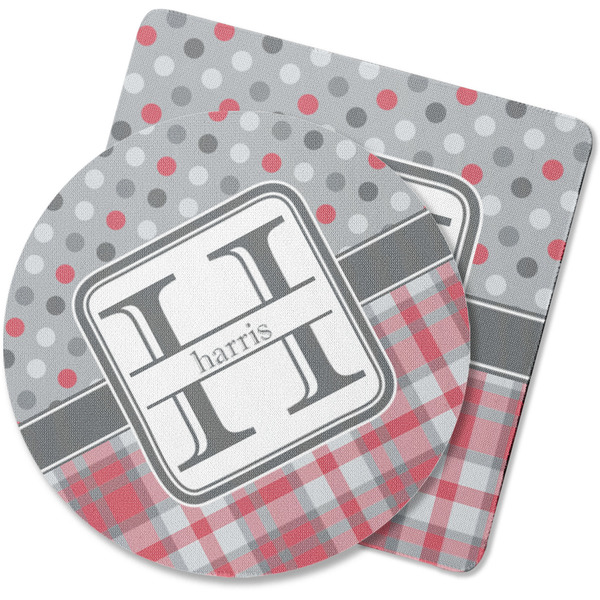 Custom Red & Gray Dots and Plaid Rubber Backed Coaster (Personalized)