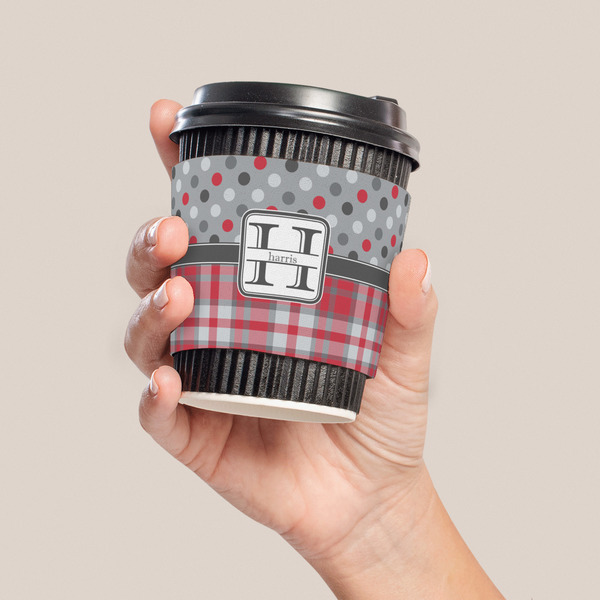 Red & Gray Dots and Plaid Coffee Cup Sleeve - LIFESTYLE