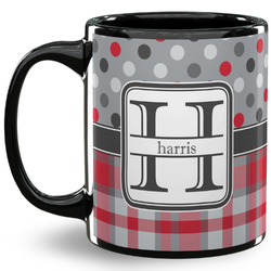 Red & Gray Dots and Plaid 11 Oz Coffee Mug - Black (Personalized)