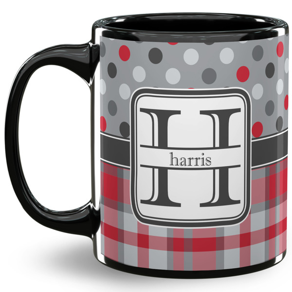 Custom Red & Gray Dots and Plaid 11 Oz Coffee Mug - Black (Personalized)