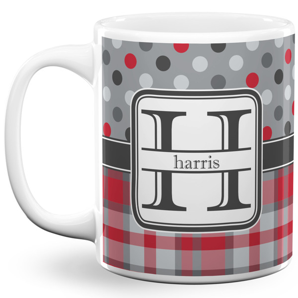 Custom Red & Gray Dots and Plaid 11 Oz Coffee Mug - White (Personalized)