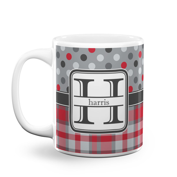Custom Red & Gray Dots and Plaid Coffee Mug (Personalized)