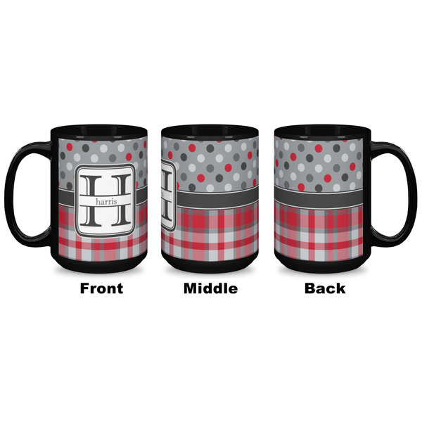 Red & Gray Dots and Plaid Coffee Mug - 15 oz - Black APPROVAL