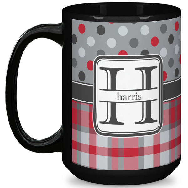 Custom Red & Gray Dots and Plaid 15 Oz Coffee Mug - Black (Personalized)